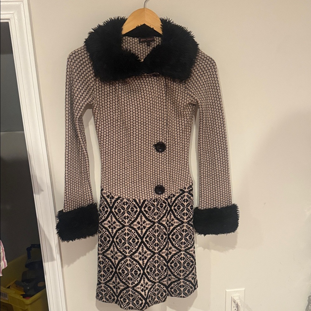 Betsy Johnson Long Jacket with faux Black fur Isle Knit Sweater Coat Trench $229